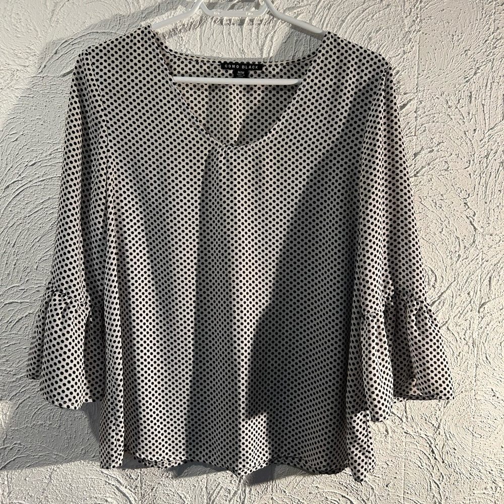 Como Vintage Womens White Polka Dot Bell Sleeves Round Neck Blouse Top
